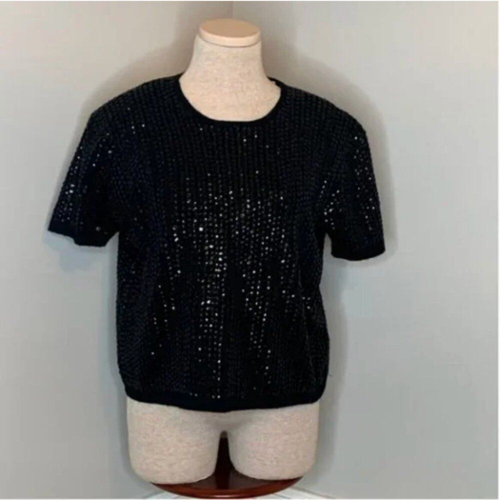Jones New York Vintage Sparkly Sequined Lambswool Blend Black Sweater Large